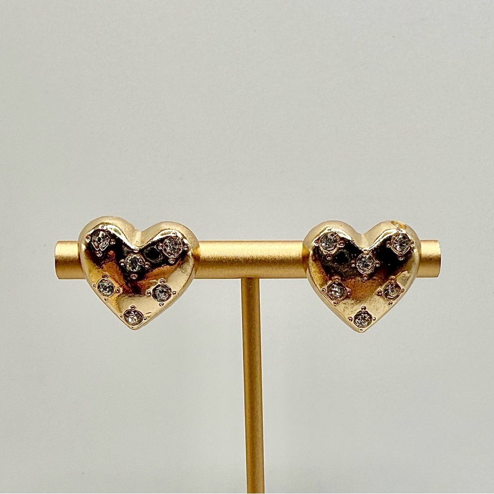Gold Tone Rhinestone Heart Stud Earrings
